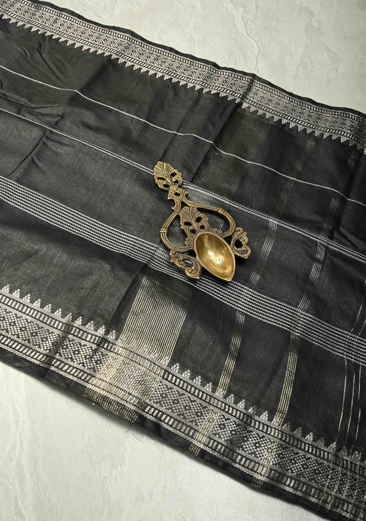 Black Semi Tussar Saree with Thread Stripes and Temple Zari Border