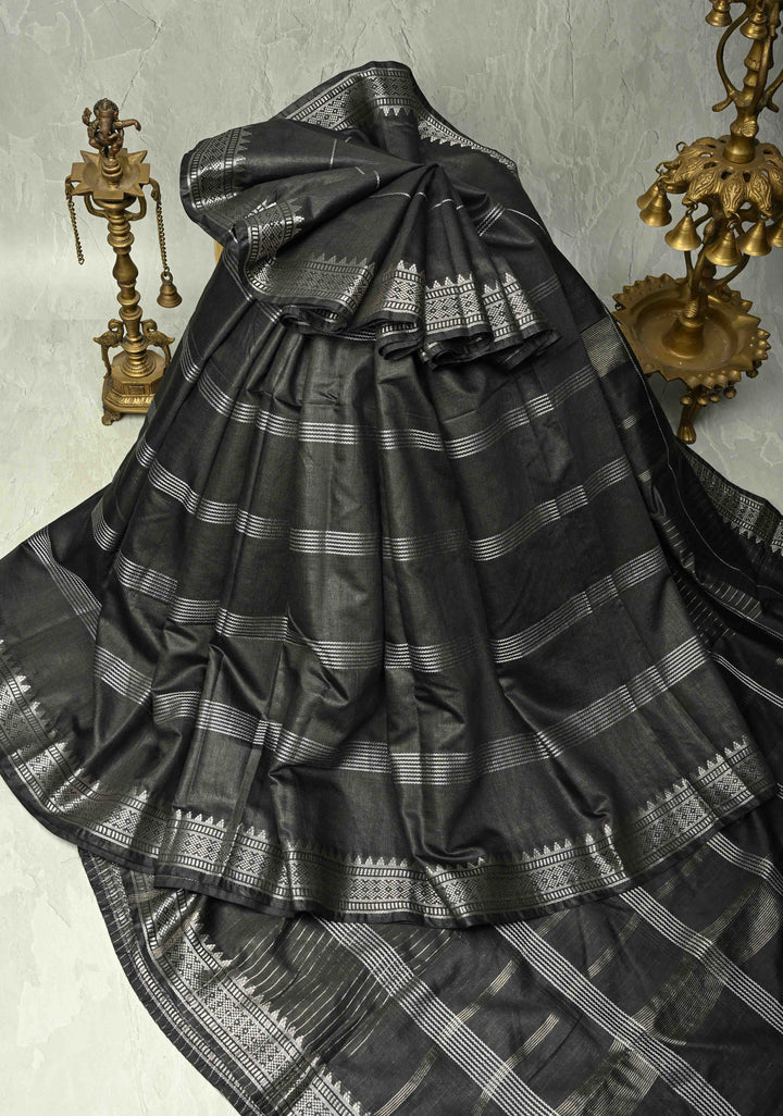 Black Semi Tussar Saree with Thread Stripes and Temple Zari Border