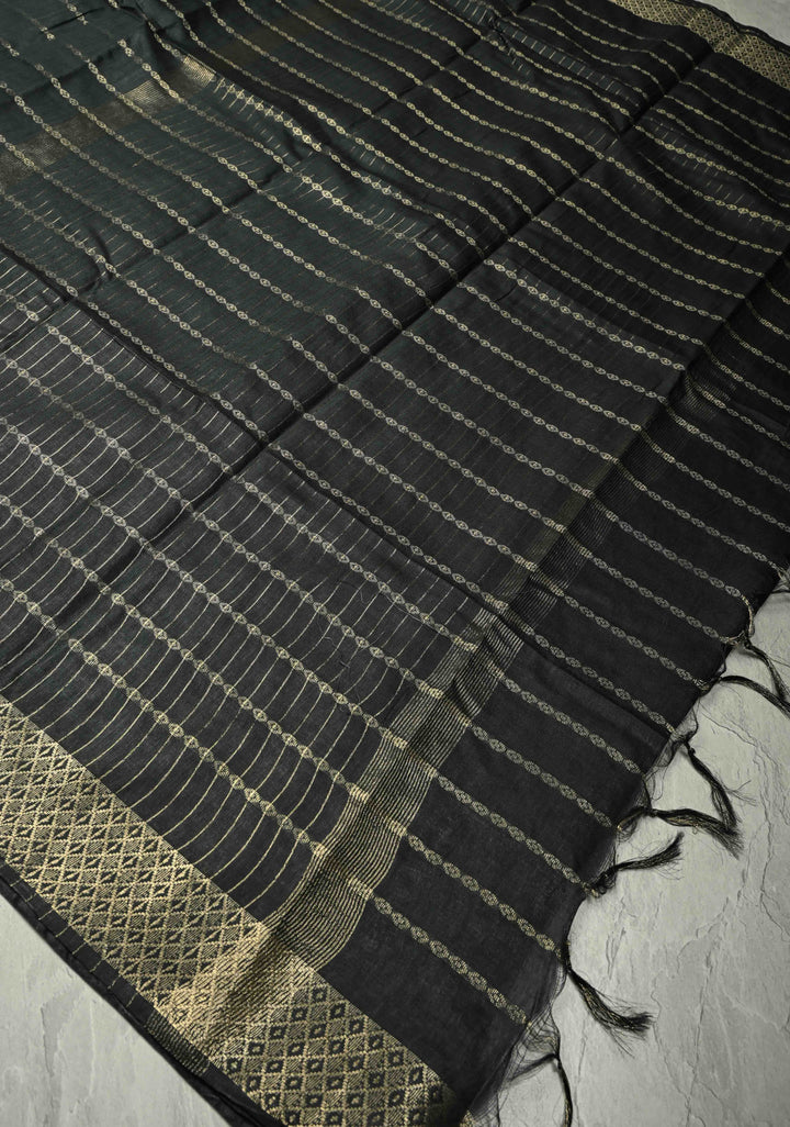 Black Semi Tussar Saree with Zari Stripes and Zari Border