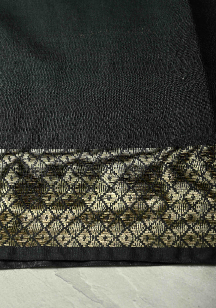 Black Semi Tussar Saree with Zari Stripes and Zari Border