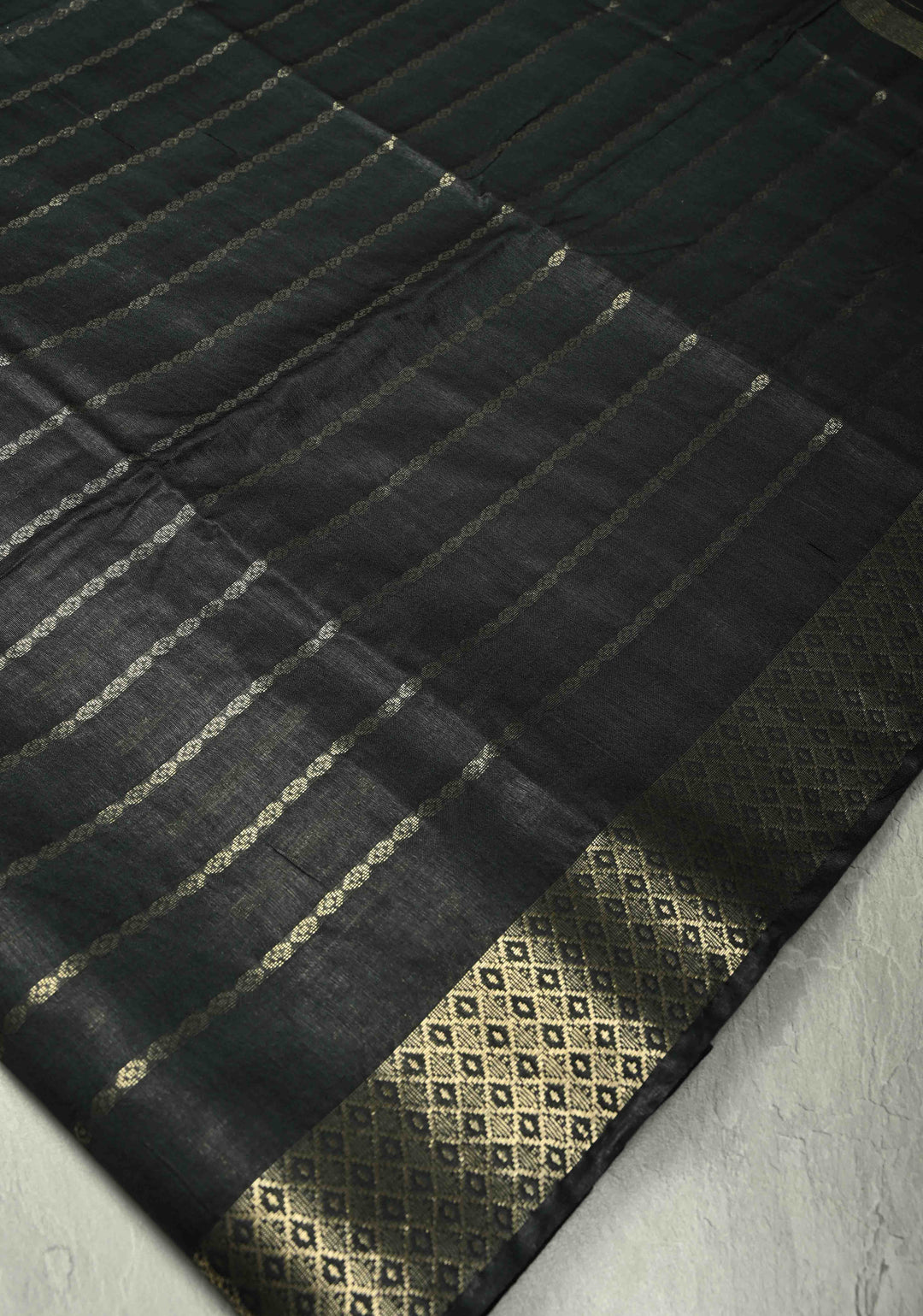 Black Semi Tussar Saree with Zari Stripes and Zari Border