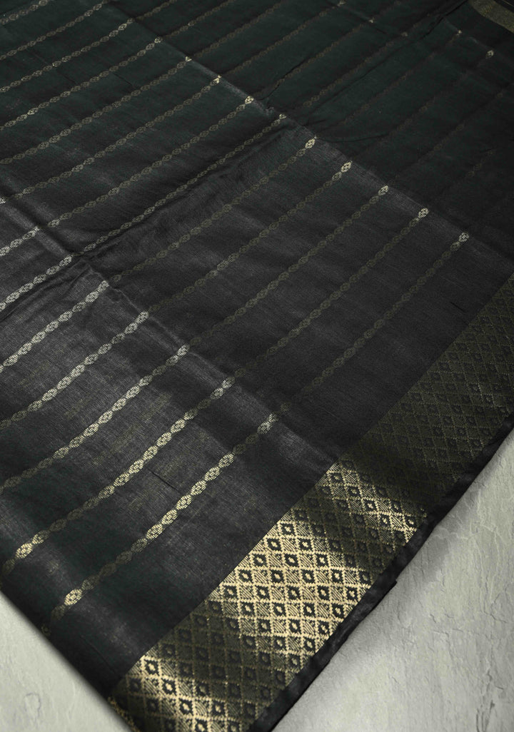 Black Semi Tussar Saree with Zari Stripes and Zari Border