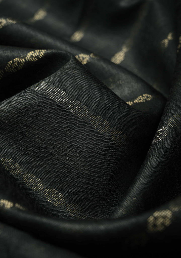 Black Semi Tussar Saree with Zari Stripes and Zari Border