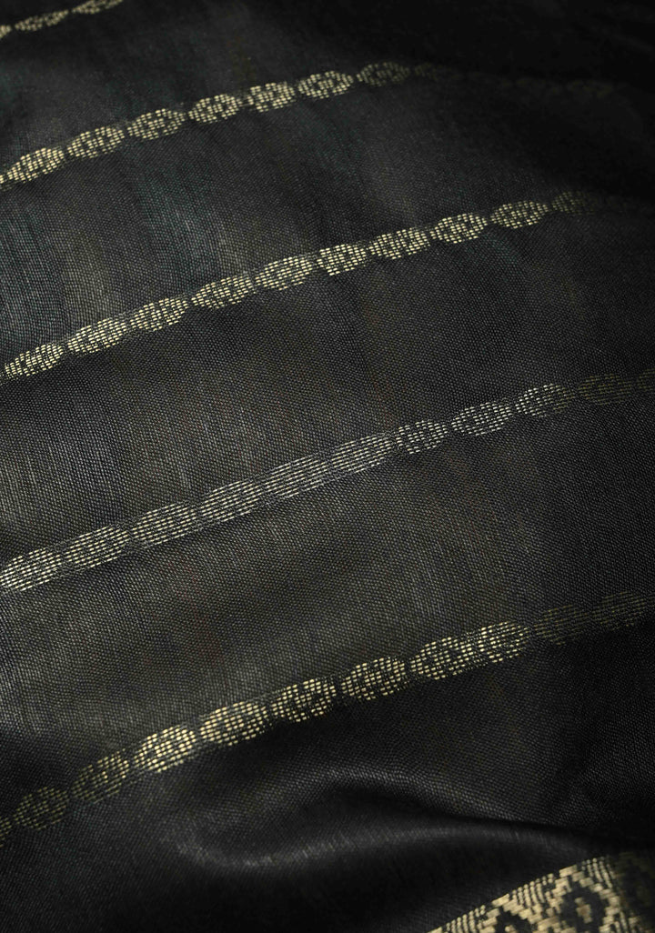 Black Semi Tussar Saree with Zari Stripes and Zari Border