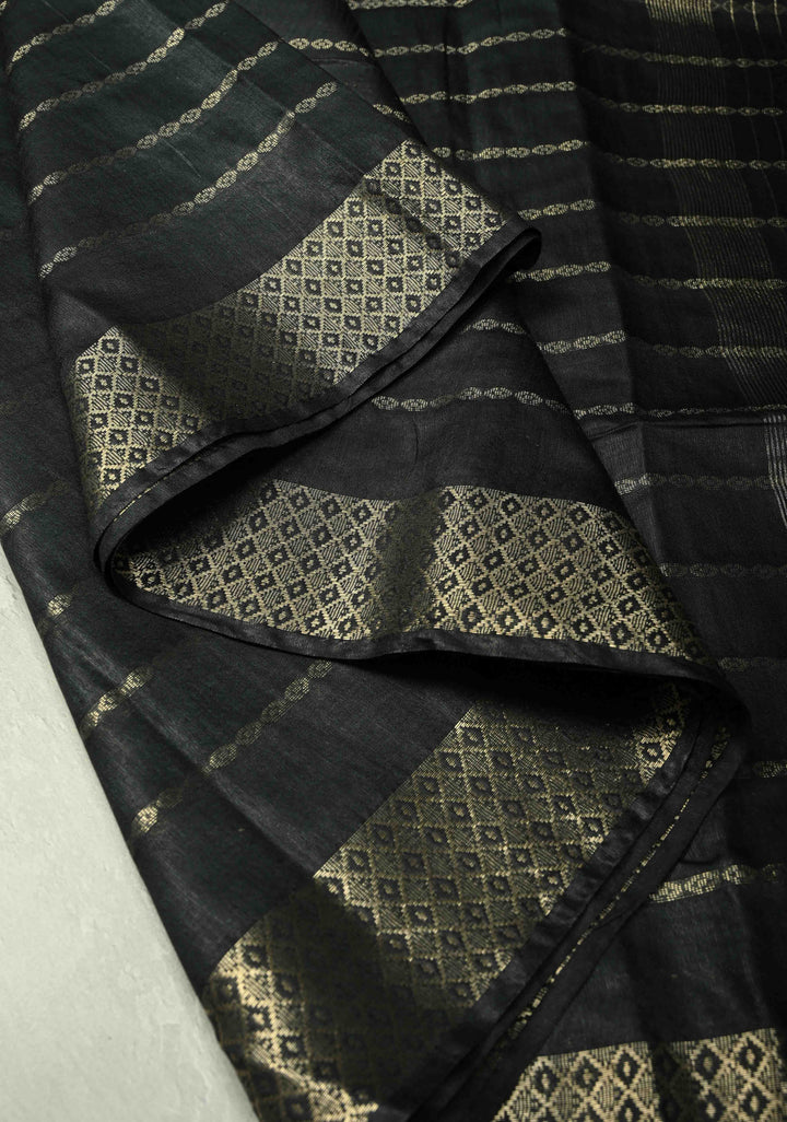 Black Semi Tussar Saree with Zari Stripes and Zari Border