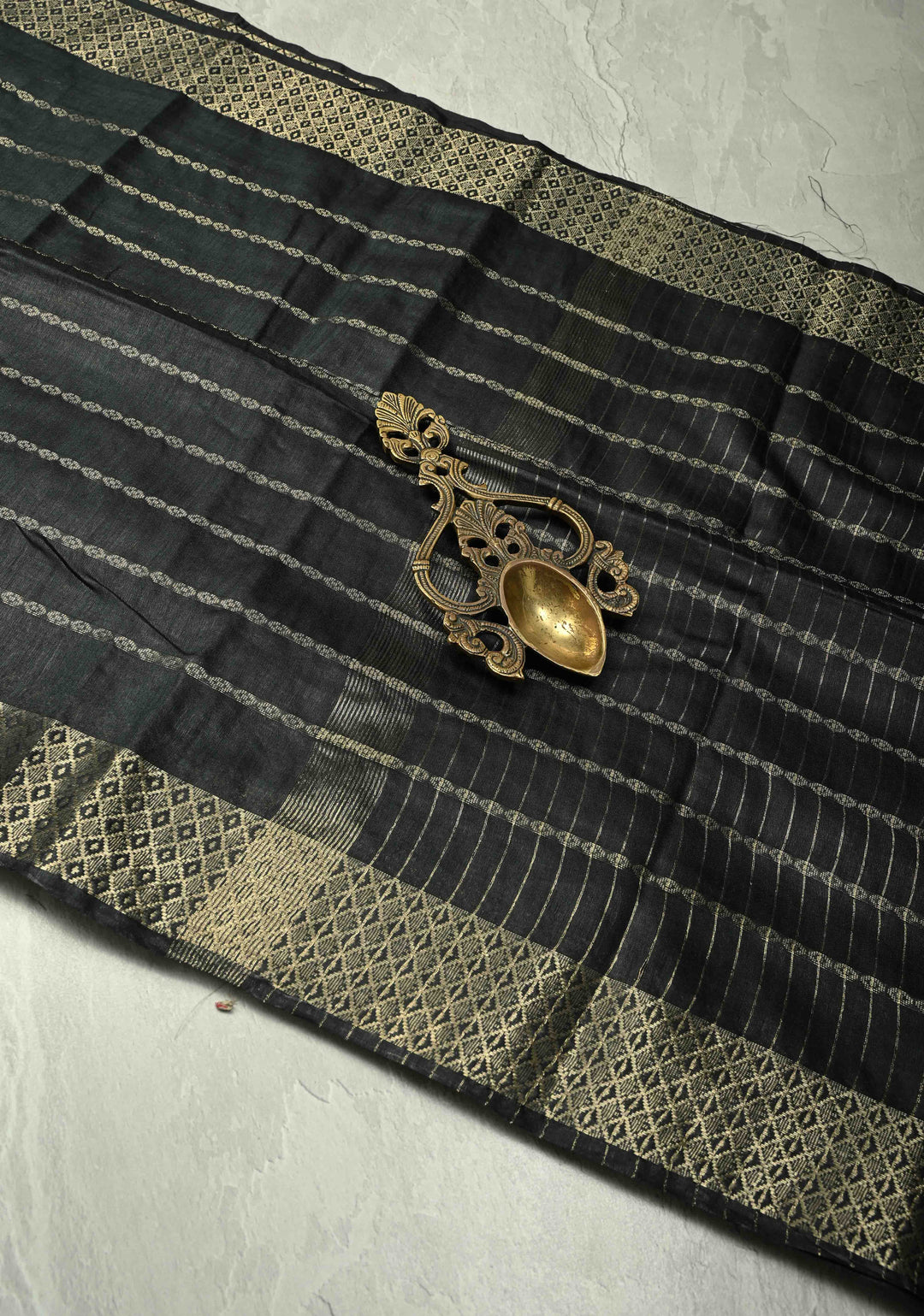 Black Semi Tussar Saree with Zari Stripes and Zari Border