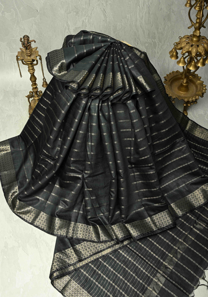 Black Semi Tussar Saree with Zari Stripes and Zari Border