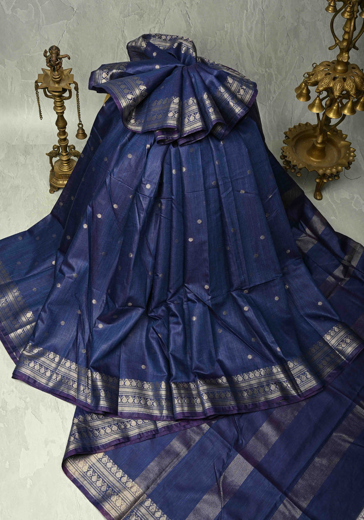 Blue Semi Tussar Saree with Zari Buttas and Zari Border