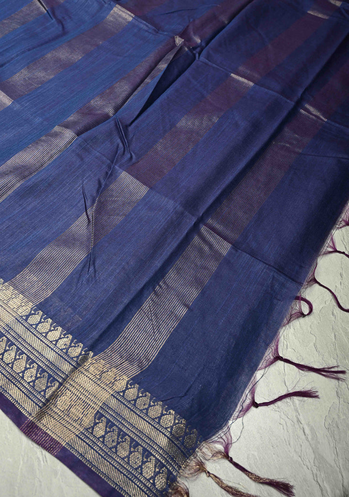 Blue Semi Tussar Saree with Zari Buttas and Zari Border