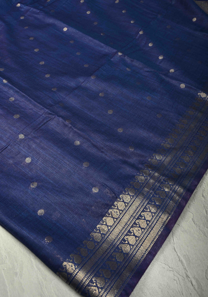 Blue Semi Tussar Saree with Zari Buttas and Zari Border