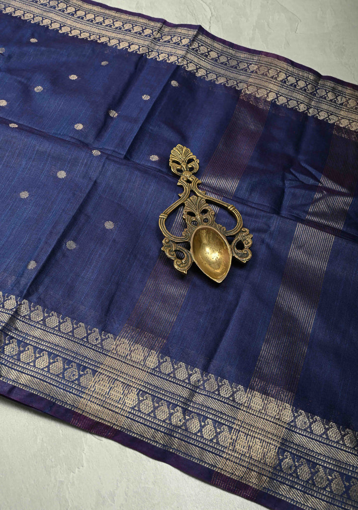 Blue Semi Tussar Saree with Zari Buttas and Zari Border