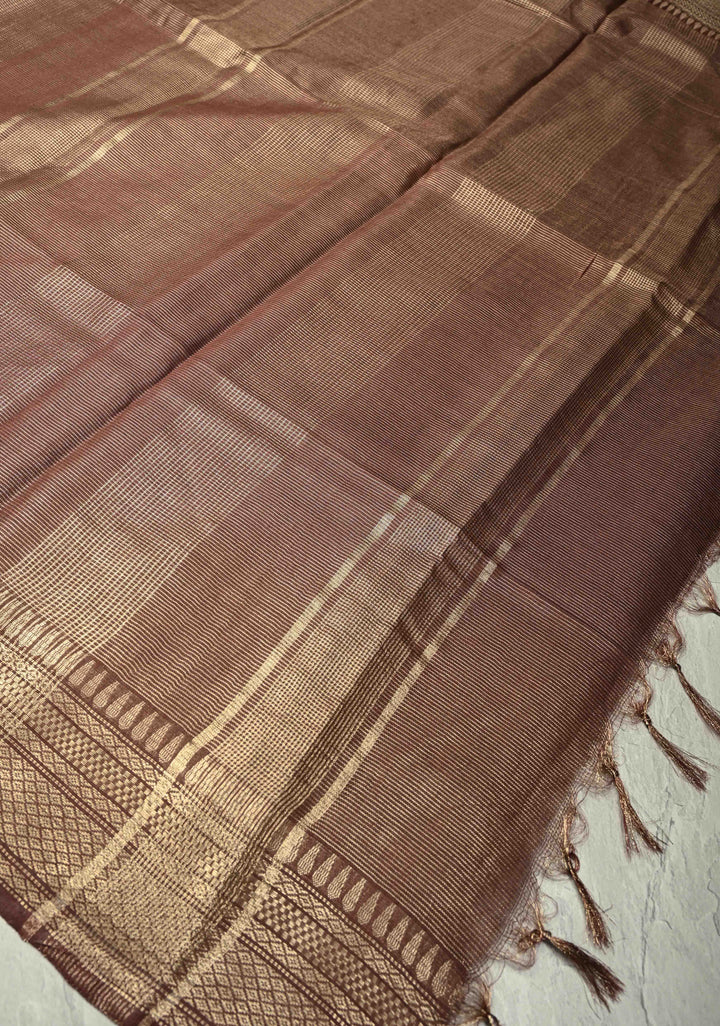 Brown Semi Tussar Tissue Saree with Zari Border