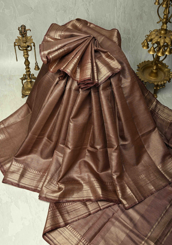 Brown Semi Tussar Tissue Saree with Zari Border