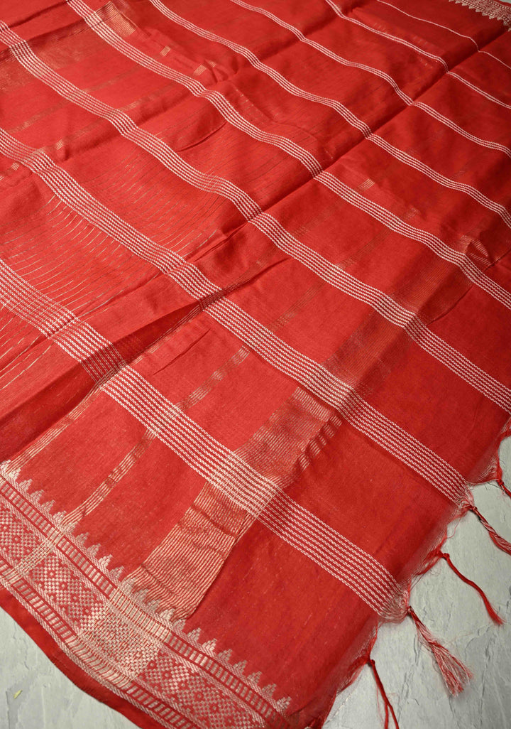 Scarlet Red Semi Tussar Saree with Thread Stripes and Temple Zari Border