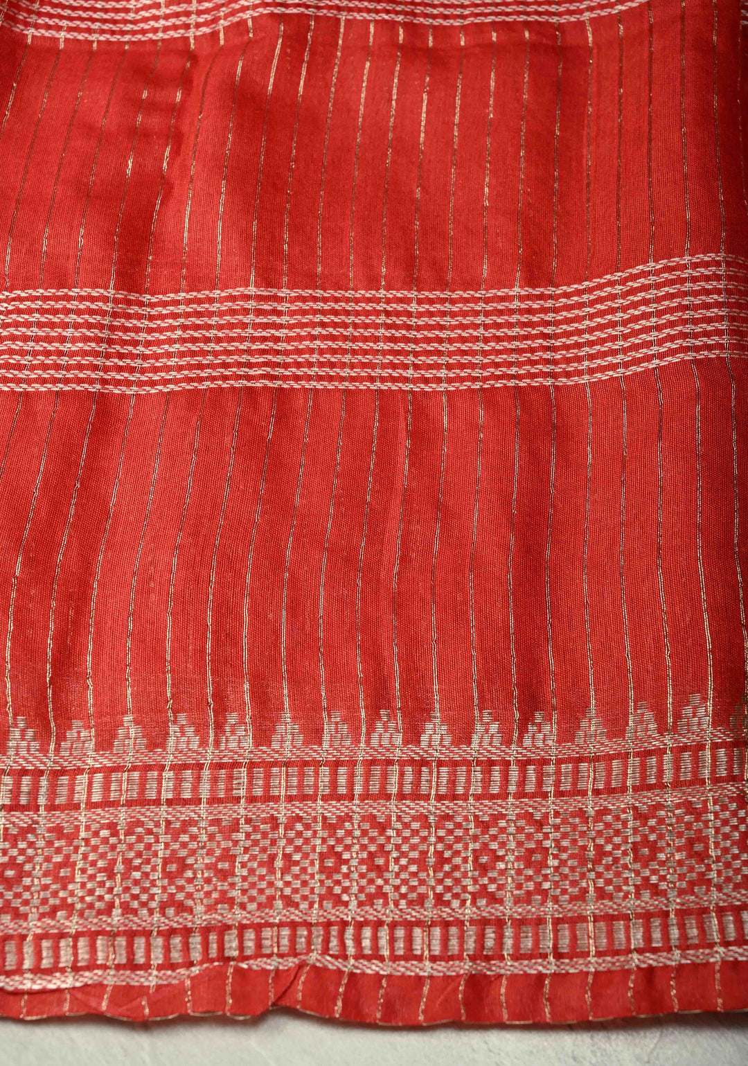 Scarlet Red Semi Tussar Saree with Thread Stripes and Temple Zari Border