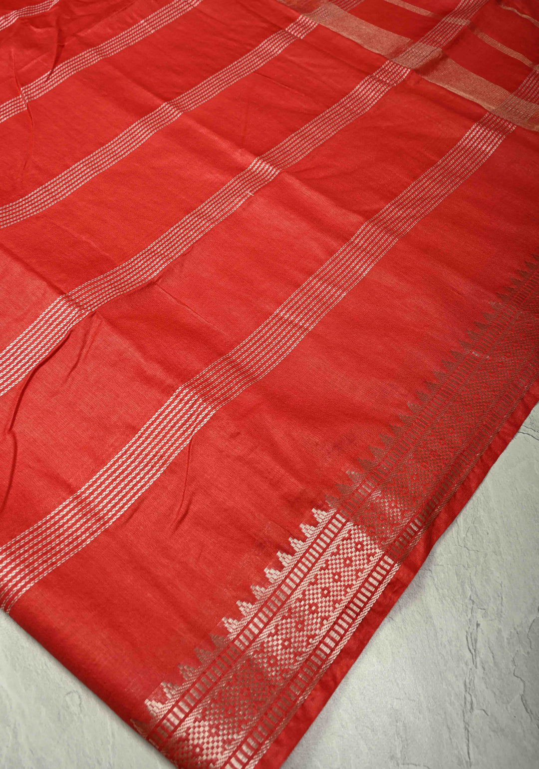 Scarlet Red Semi Tussar Saree with Thread Stripes and Temple Zari Border