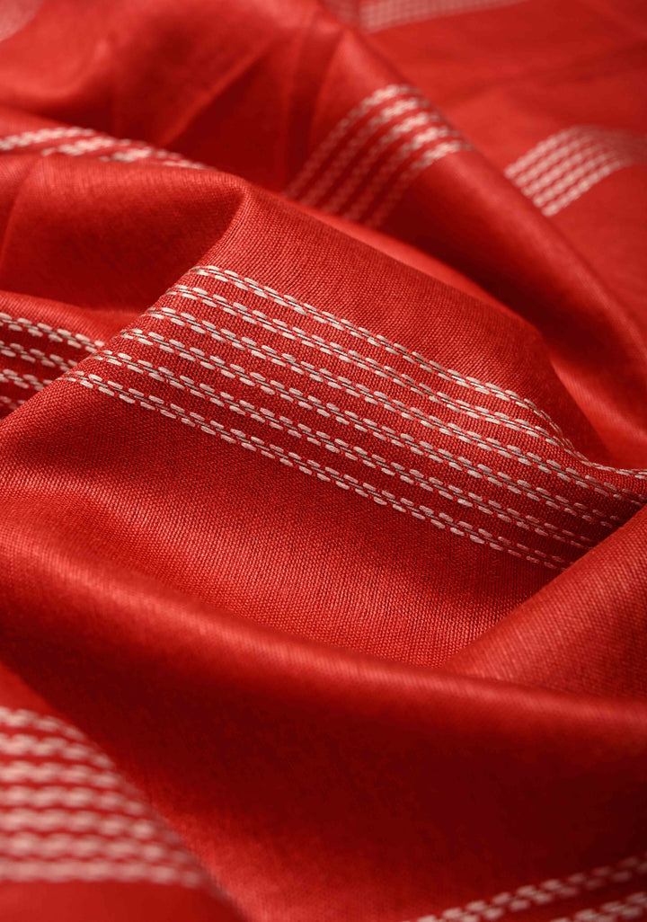 Scarlet Red Semi Tussar Saree with Thread Stripes and Temple Zari Border