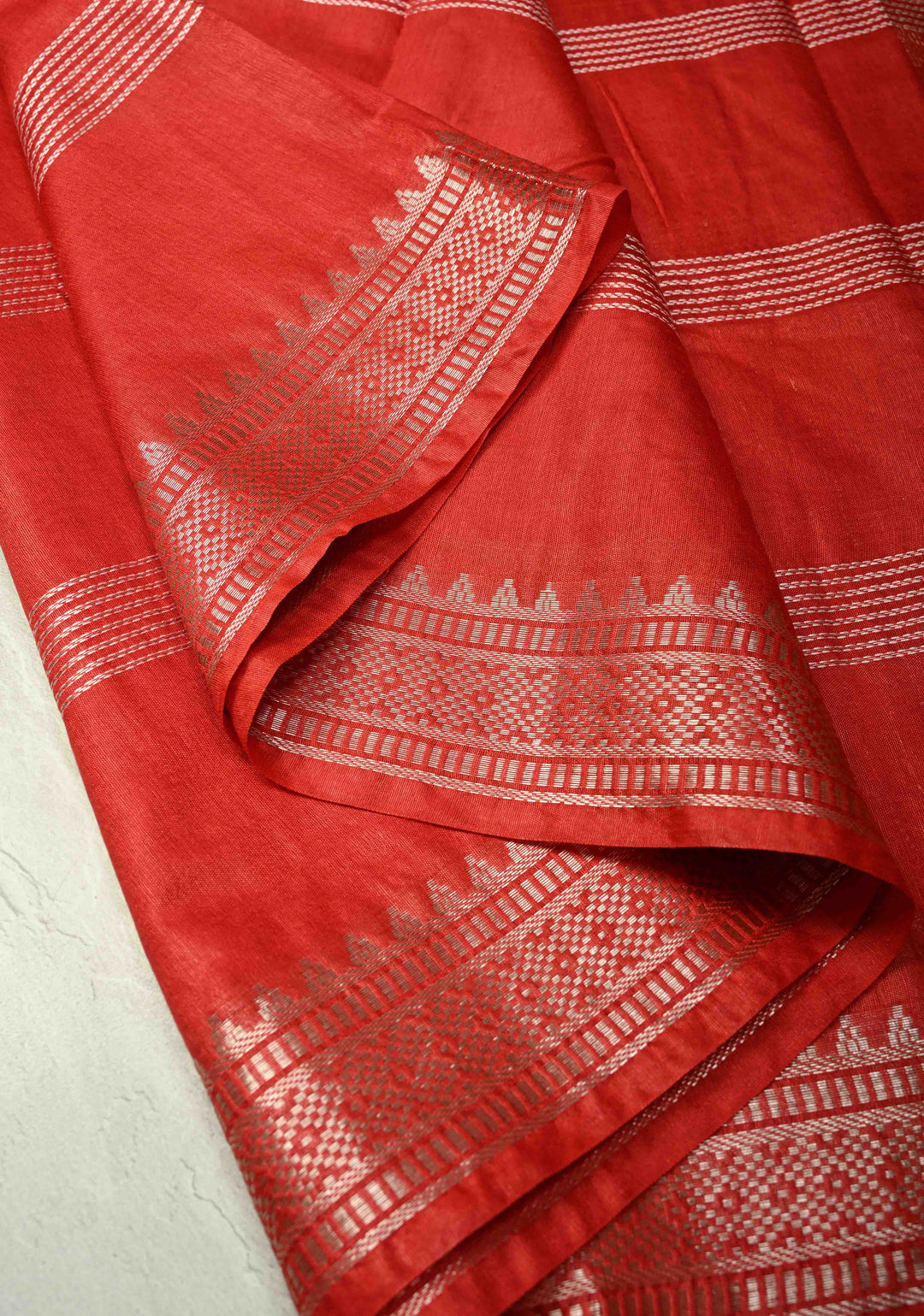 Scarlet Red Semi Tussar Saree with Thread Stripes and Temple Zari Border