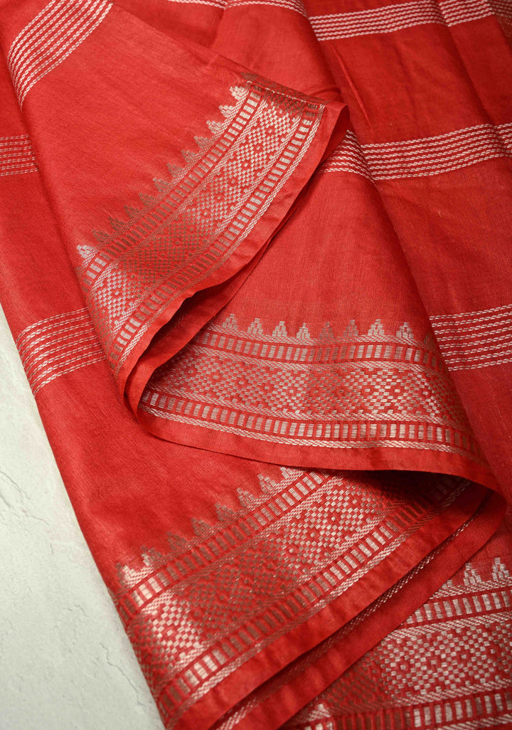Scarlet Red Semi Tussar Saree with Thread Stripes and Temple Zari Border