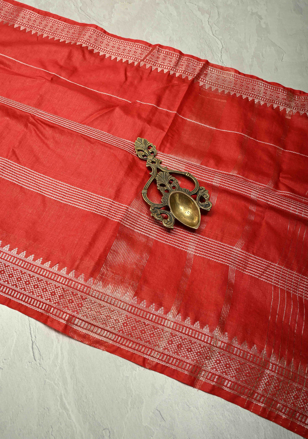 Scarlet Red Semi Tussar Saree with Thread Stripes and Temple Zari Border
