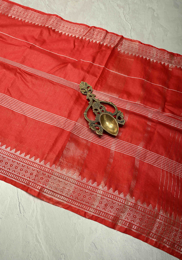 Scarlet Red Semi Tussar Saree with Thread Stripes and Temple Zari Border