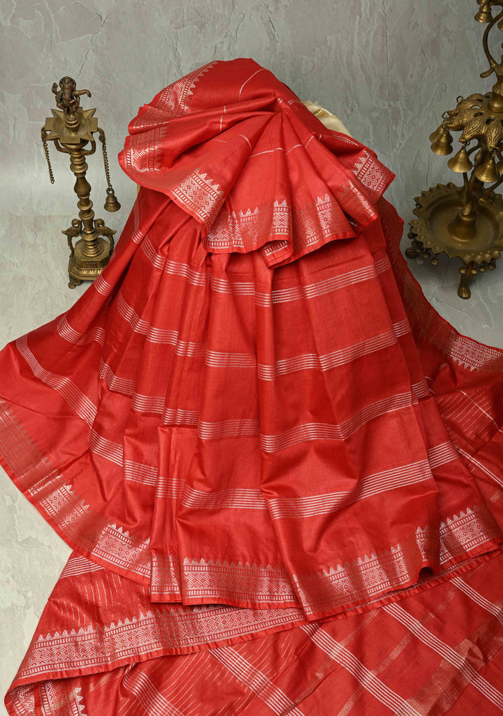 Scarlet Red Semi Tussar Saree with Thread Stripes and Temple Zari Border