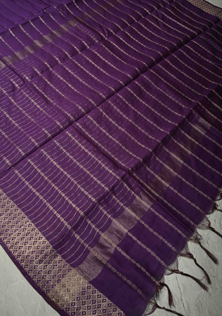 Purple Semi Tussar Saree with Zari Stripes and Zari Border