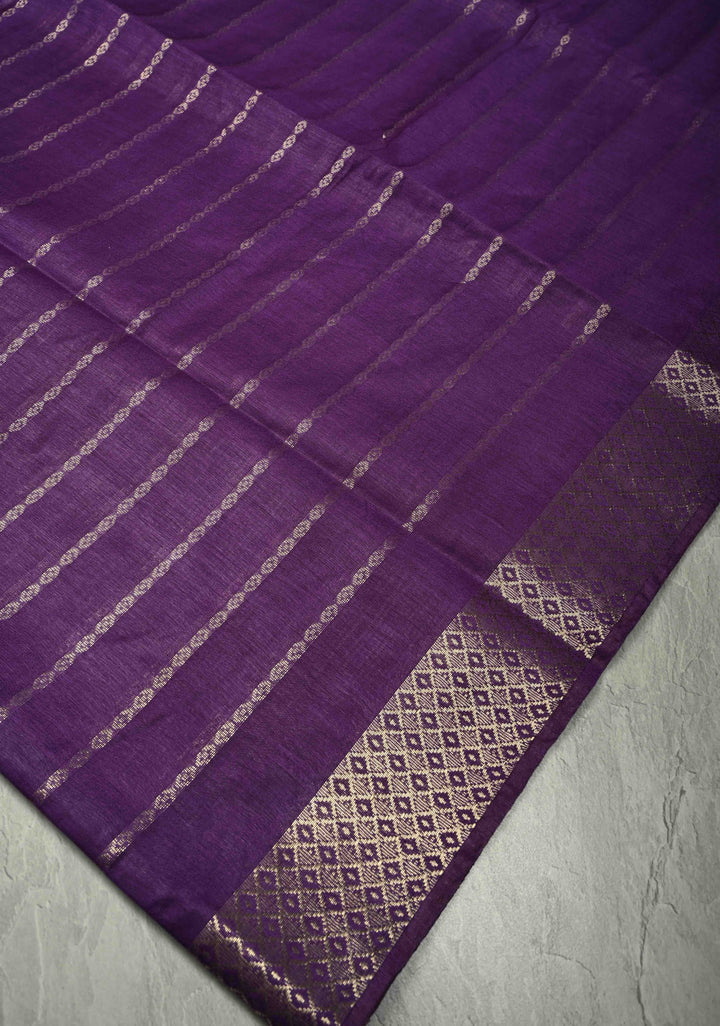 Purple Semi Tussar Saree with Zari Stripes and Zari Border