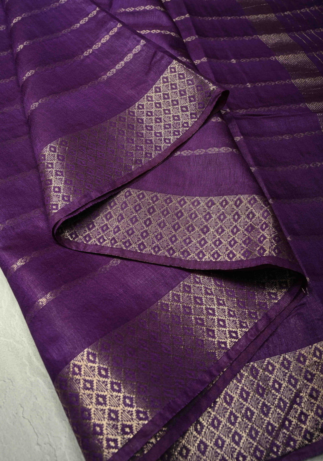 Purple Semi Tussar Saree with Zari Stripes and Zari Border