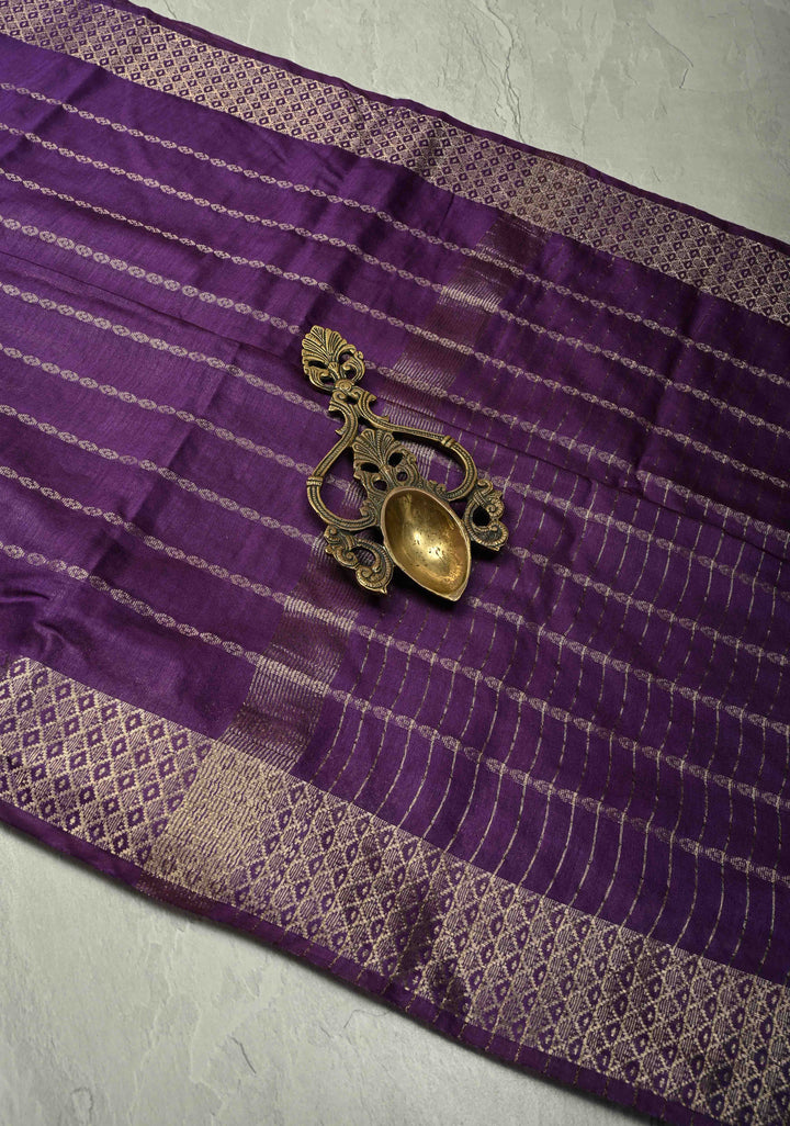 Purple Semi Tussar Saree with Zari Stripes and Zari Border