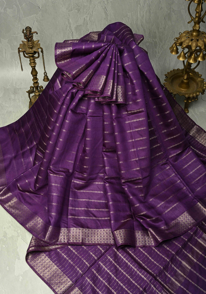 Purple Semi Tussar Saree with Zari Stripes and Zari Border