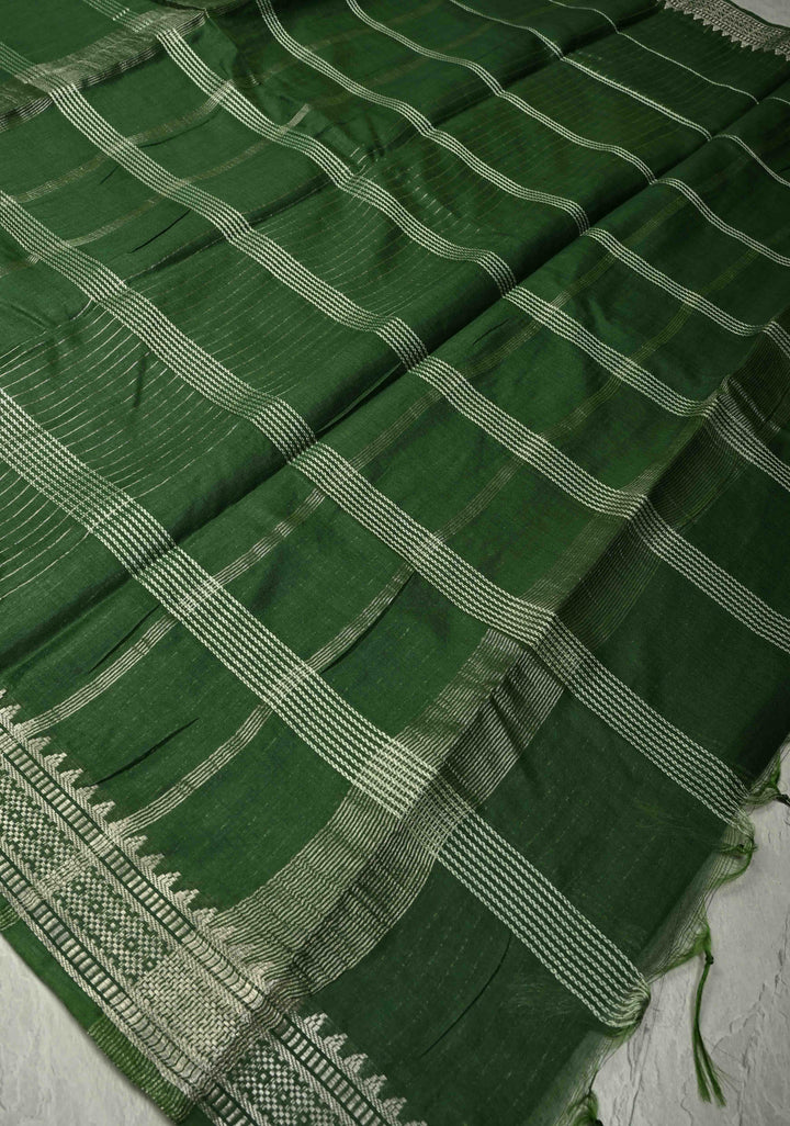 Myrtle Green Semi Tussar Saree with Thread Stripes and Temple Zari Border