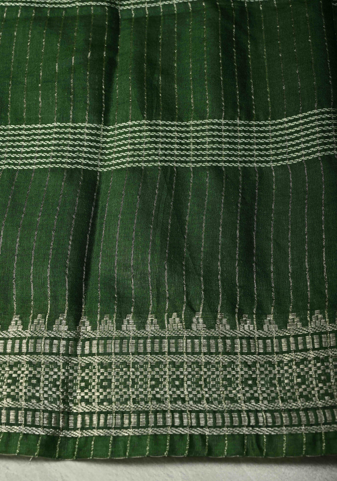 Myrtle Green Semi Tussar Saree with Thread Stripes and Temple Zari Border