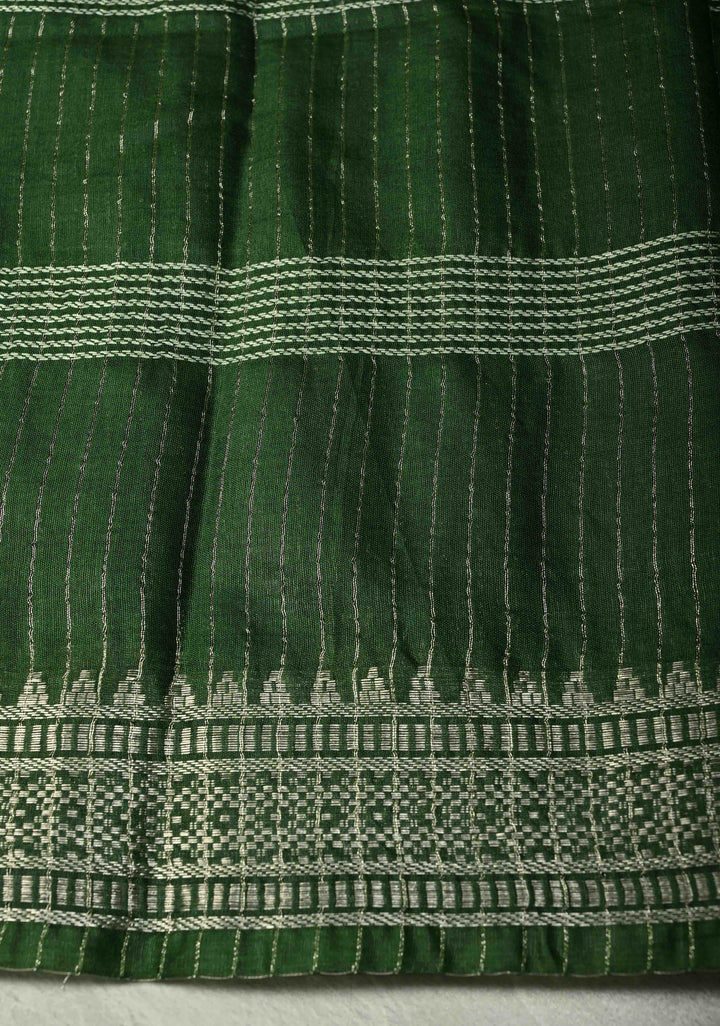 Myrtle Green Semi Tussar Saree with Thread Stripes and Temple Zari Border