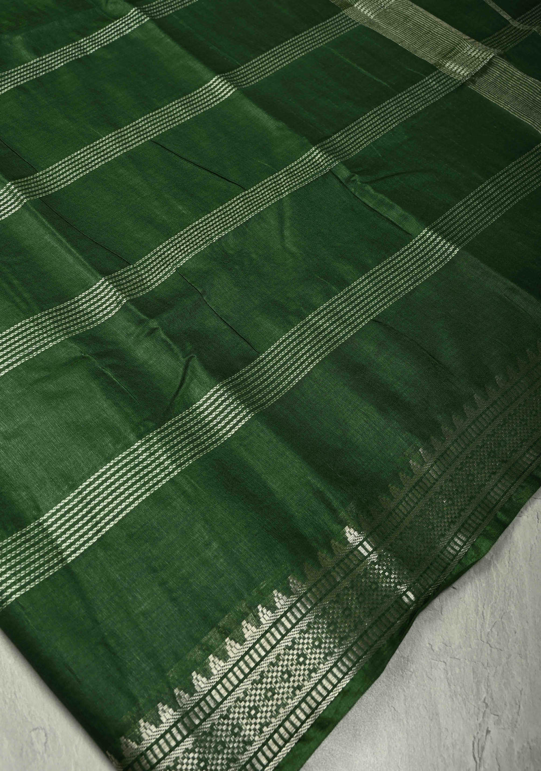 Myrtle Green Semi Tussar Saree with Thread Stripes and Temple Zari Border
