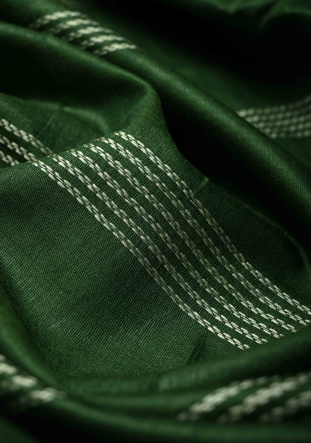 Myrtle Green Semi Tussar Saree with Thread Stripes and Temple Zari Border
