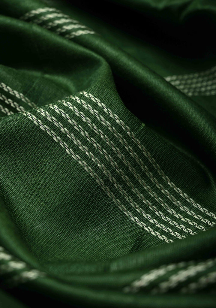Myrtle Green Semi Tussar Saree with Thread Stripes and Temple Zari Border
