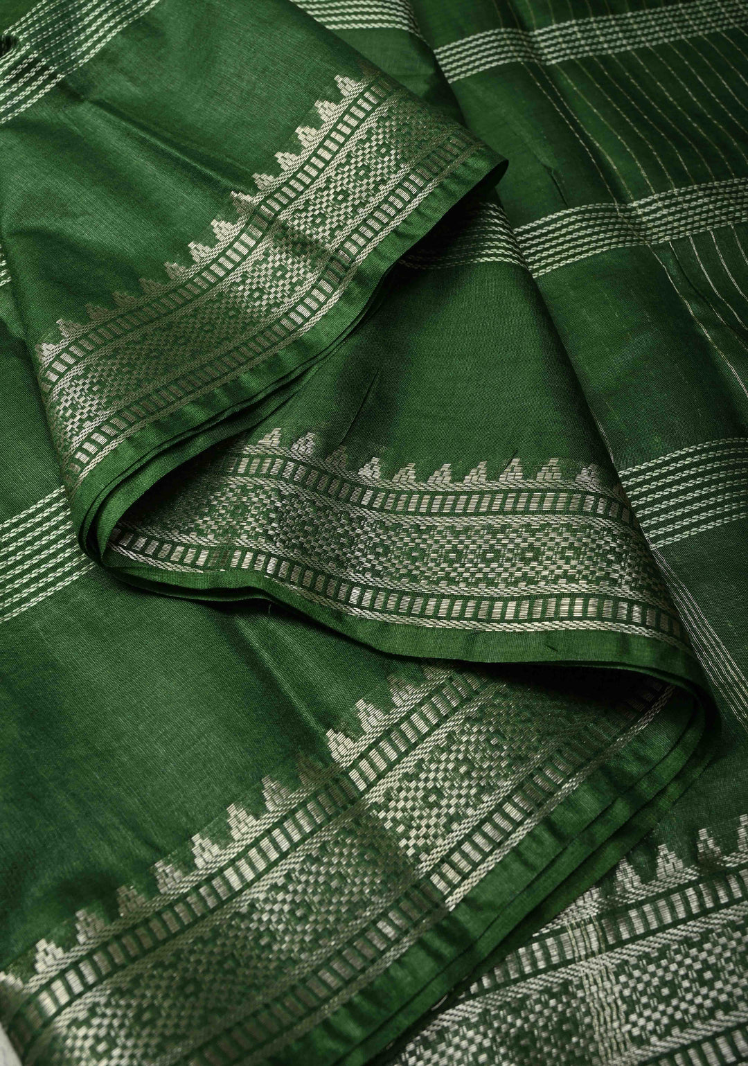 Myrtle Green Semi Tussar Saree with Thread Stripes and Temple Zari Border