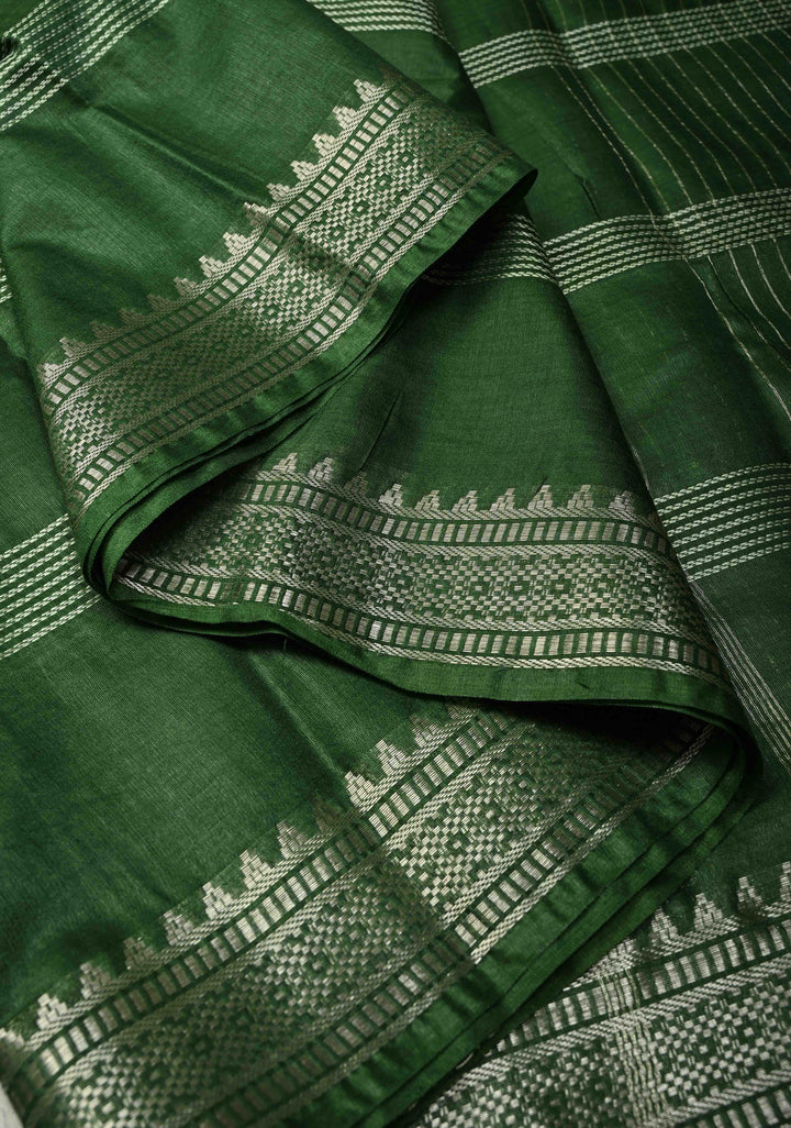 Myrtle Green Semi Tussar Saree with Thread Stripes and Temple Zari Border