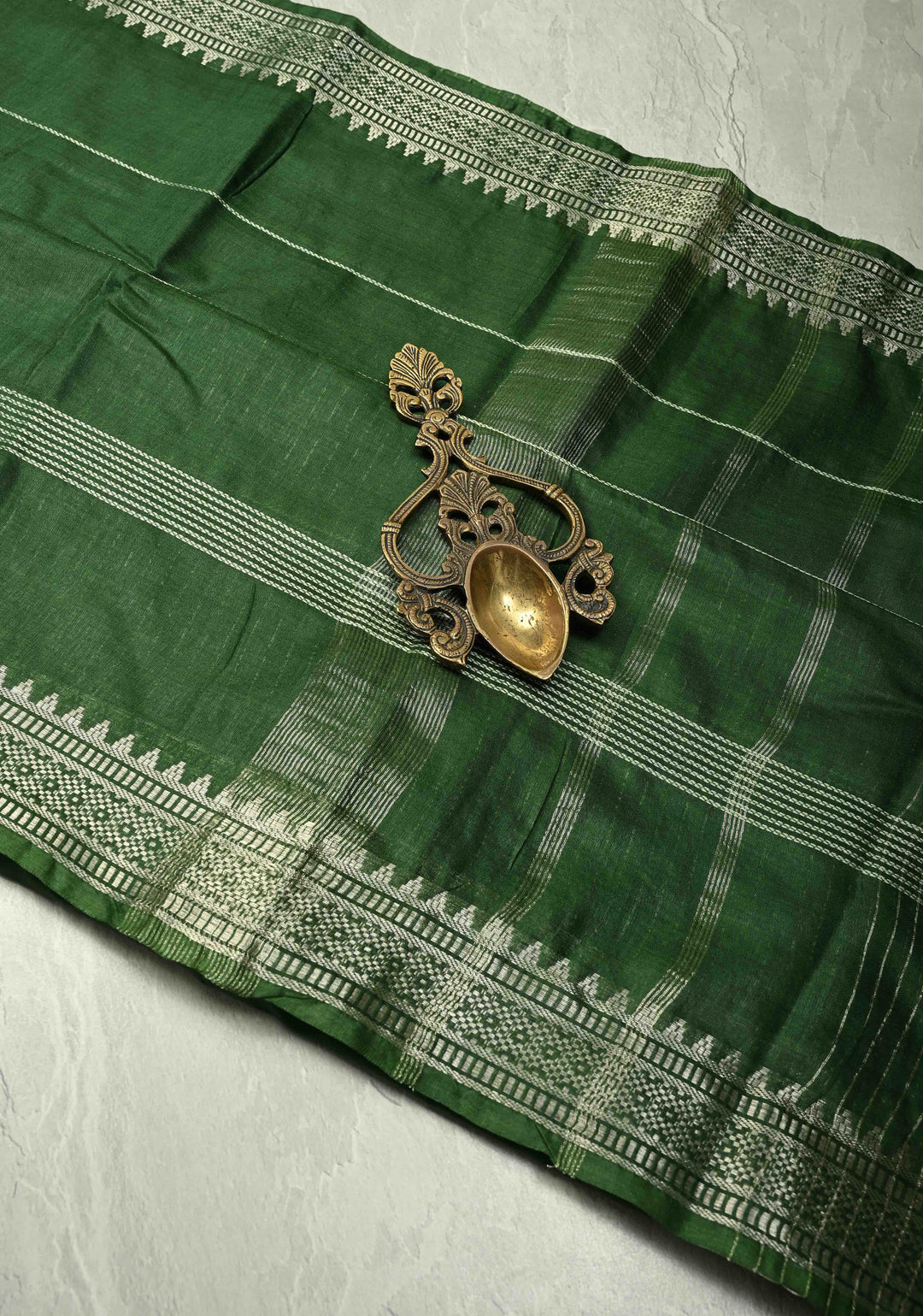 Myrtle Green Semi Tussar Saree with Thread Stripes and Temple Zari Border