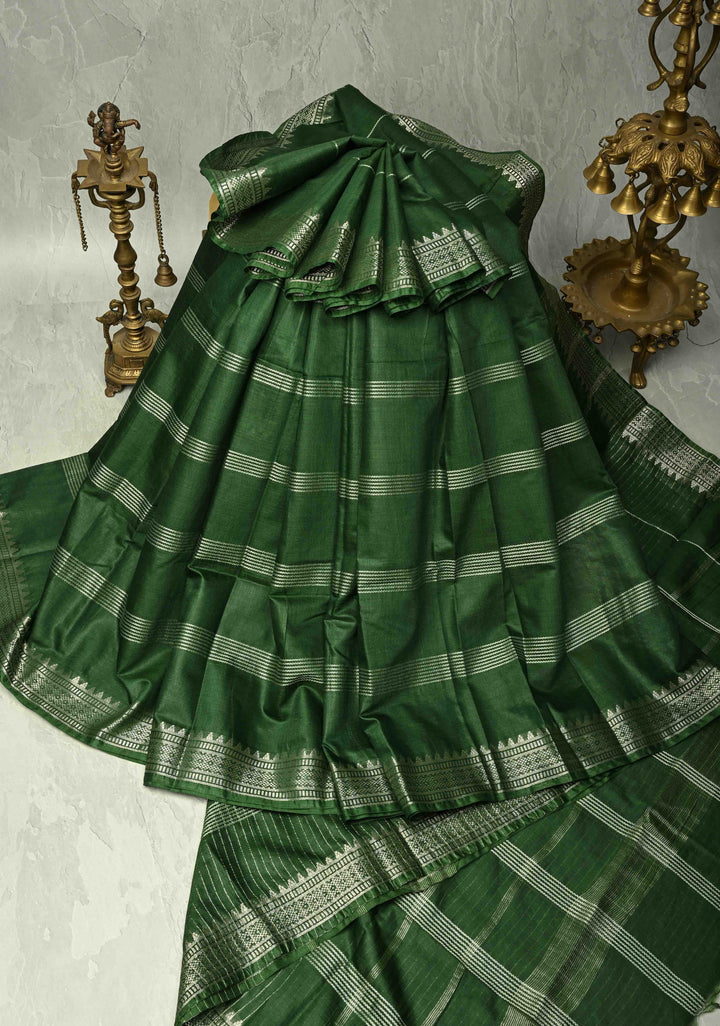 Myrtle Green Semi Tussar Saree with Thread Stripes and Temple Zari Border