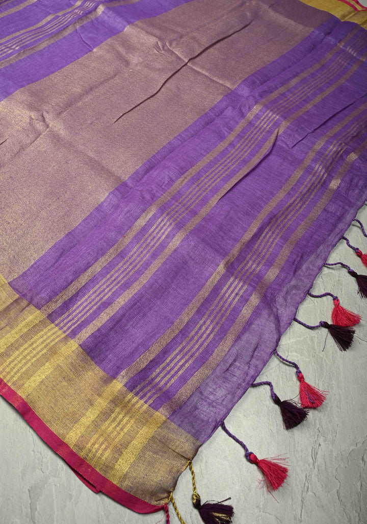 Dark Lavender Linen by Linen Saree with Zari Border and Contrast Blouse Piece | SHOBITAM