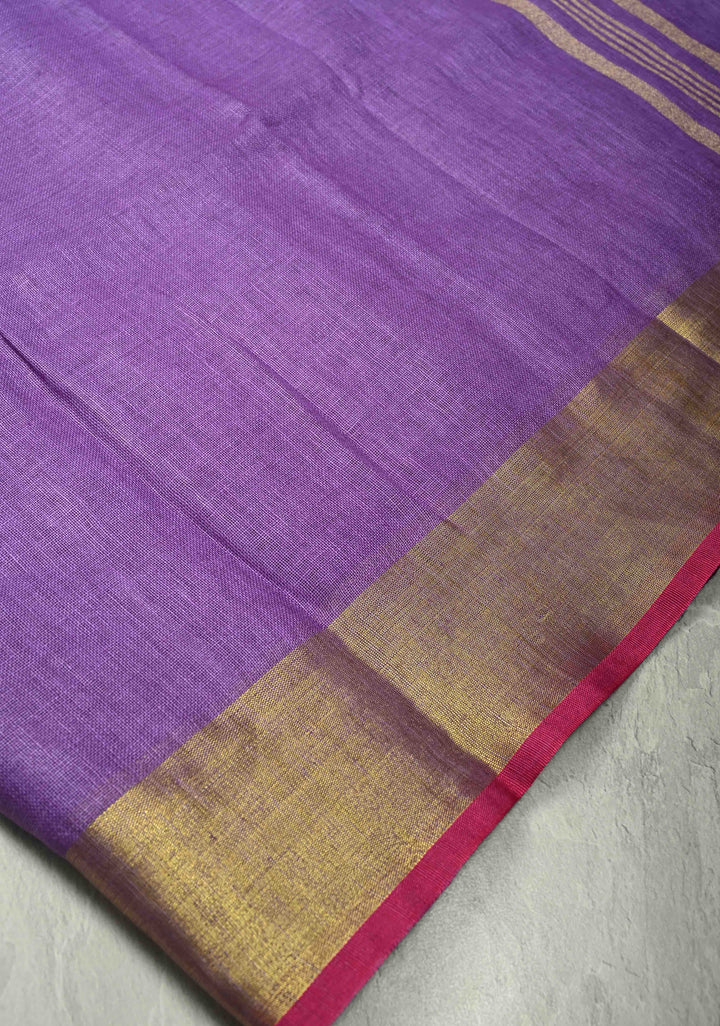 Dark Lavender Linen by Linen Saree with Zari Border and Contrast Blouse Piece | SHOBITAM