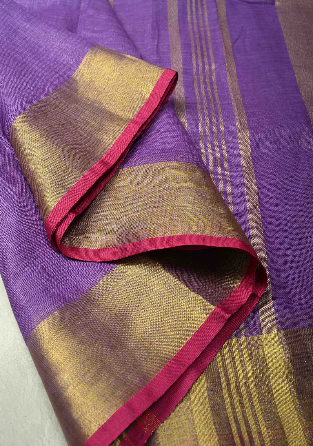 Dark Lavender Linen by Linen Saree with Zari Border and Contrast Blouse Piece | SHOBITAM