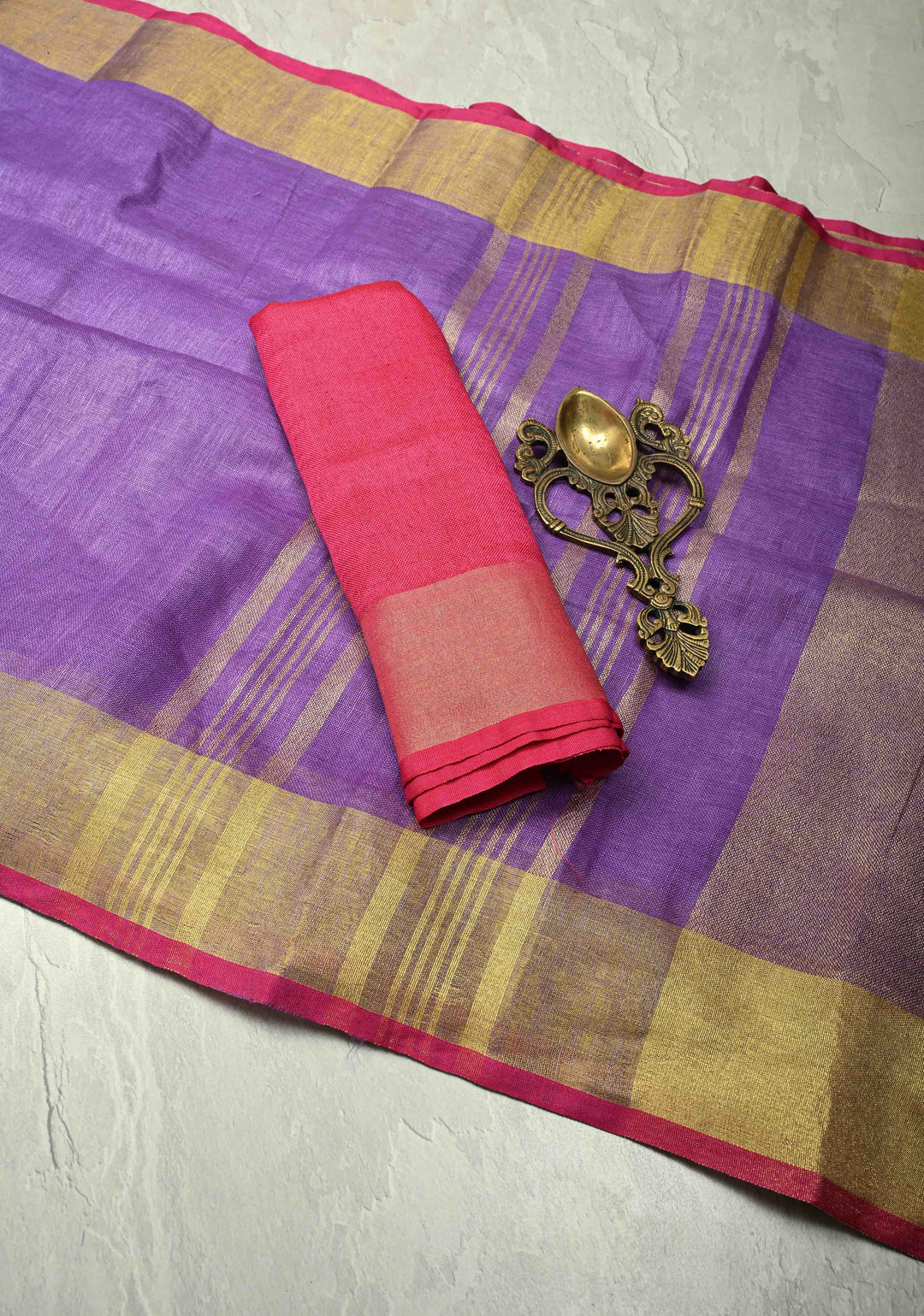 Dark Lavender Linen by Linen Saree with Zari Border and Contrast Blouse Piece | SHOBITAM