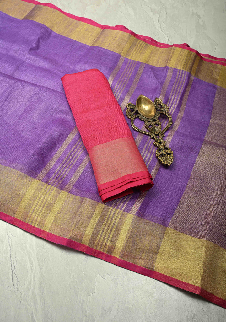 Dark Lavender Linen by Linen Saree with Zari Border and Contrast Blouse Piece | SHOBITAM