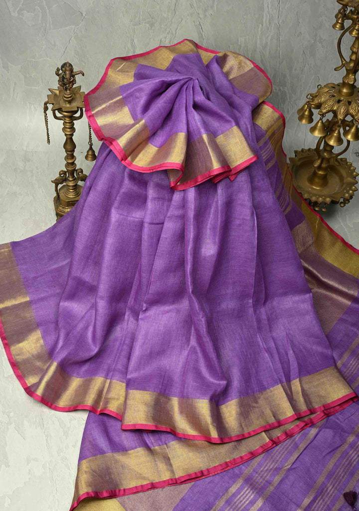Dark Lavender Linen by Linen Saree with Zari Border and Contrast Blouse Piece | SHOBITAM