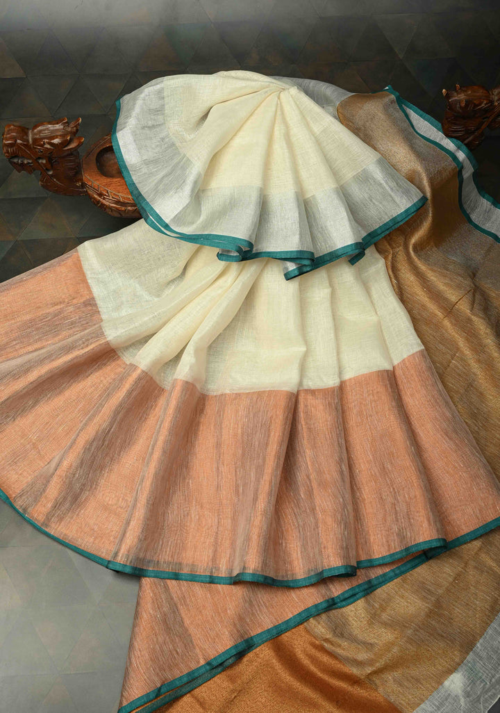 Off White Pure Linen by Linen Saree with Ganga Jamuna Zari Border