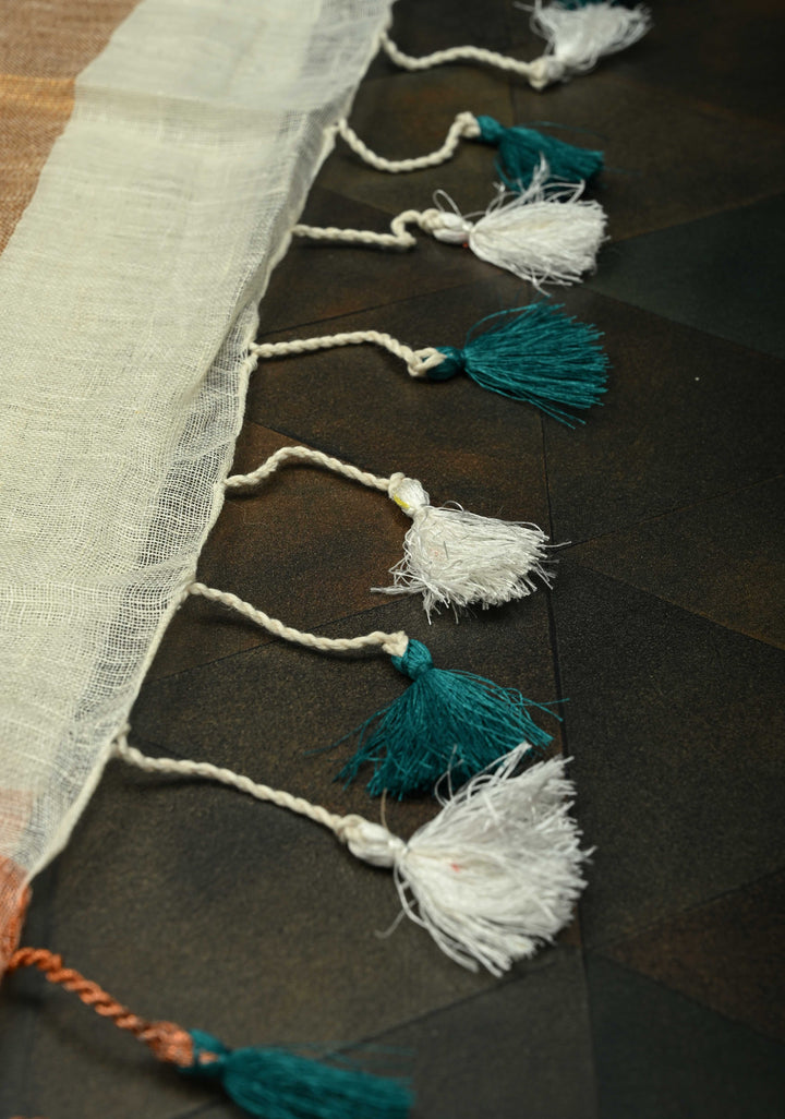 Off White Pure Linen by Linen Saree with Ganga Jamuna Zari Border