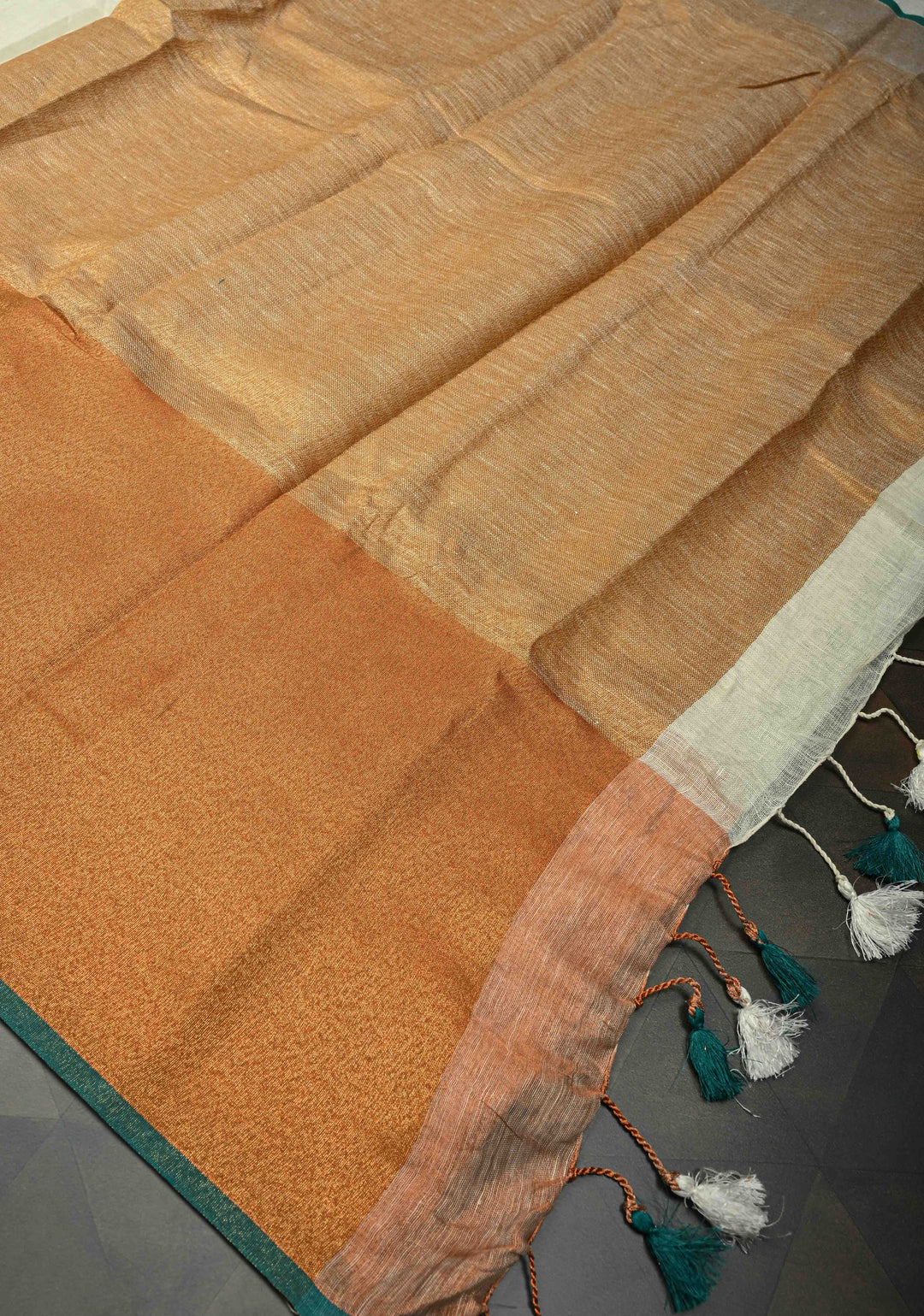 Off White Pure Linen by Linen Saree with Ganga Jamuna Zari Border